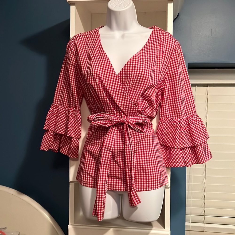 Red and white checked blouse